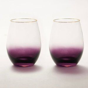 ANNA New York Amethyst Ombre Stemless 24K Gold Rim Wine Glasses Set of 2 New